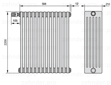 Схема (чертеж) Радиатор Zehnder Charleston 6220/13 №V011 Белый глянцевый RAL 9016